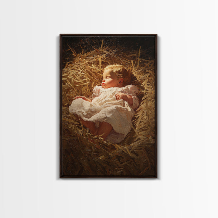Silent Straw Light, Framed Canvas Print, Christian Art Canvas, Christmas Wall Art, Jesus Painting Canvas, Christian Christmas Art, Christia