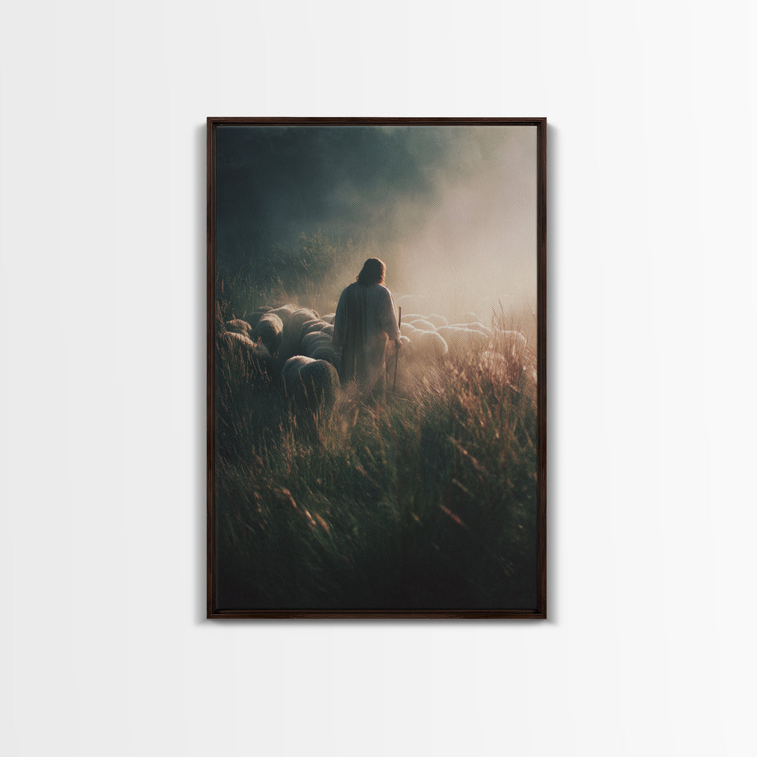 Morning Flock Peace | Framed Canvas Print | Jesus Painting | Christian Christmas Art | Christian Art Canvas | Moody Christian Art | Christi