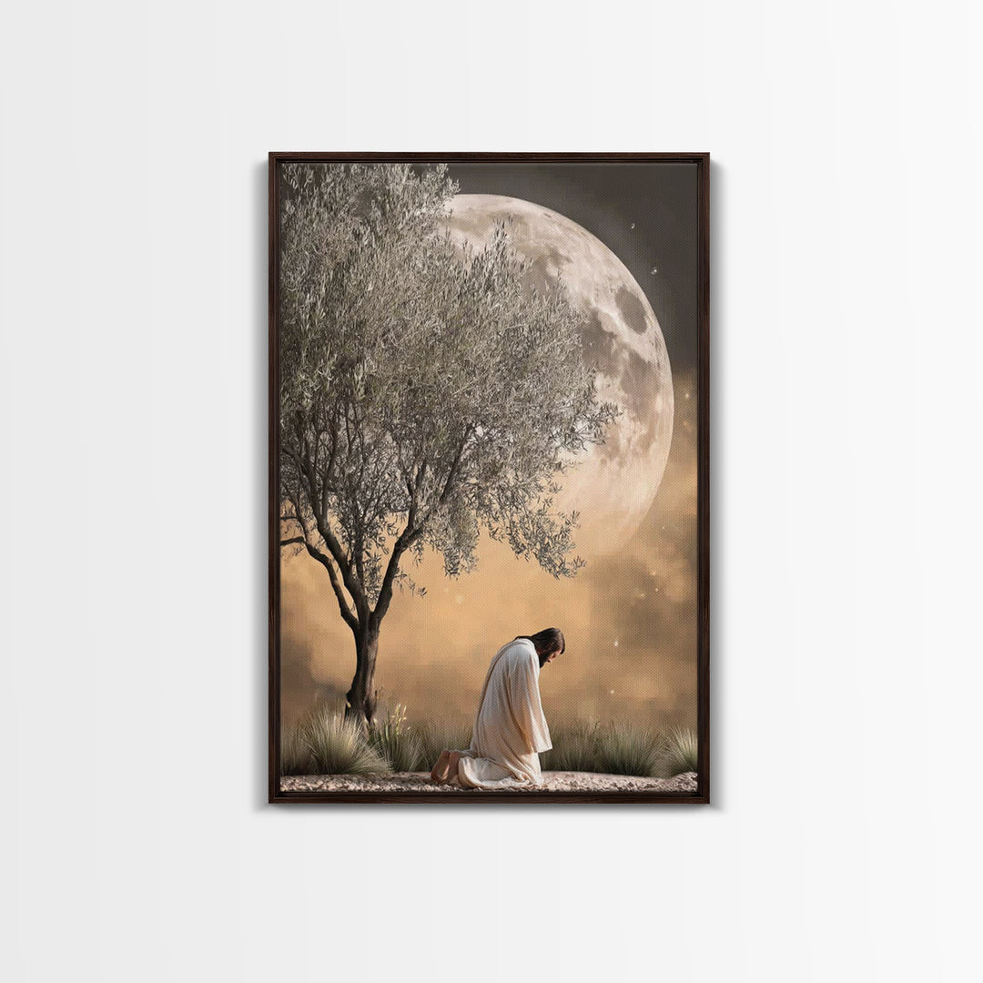 Moonlit Supplication, Framed Canvas Print, Jesus Canvas Art, Christian Wall Art, Modern Christian Art, Christian Art Canvas, Christian Gift