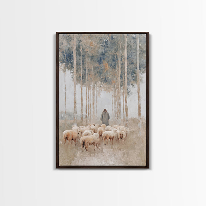 Woodland Shepherd Light – Framed Canvas Print – Christian Art Canvas – Christian Wall Art – Modern Christian Painting – Pastoral Scenery –