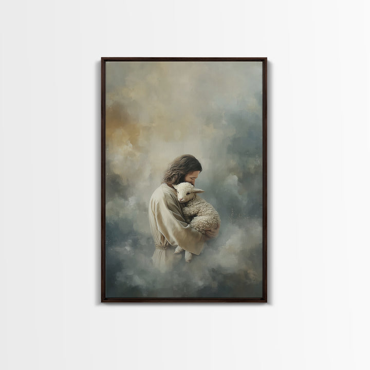 Arms Of The Shepherd – Framed Canvas Print – Jesus Painting – Christian Art Canvas – Christian Wall Art – Christian Christmas Art – Subtle