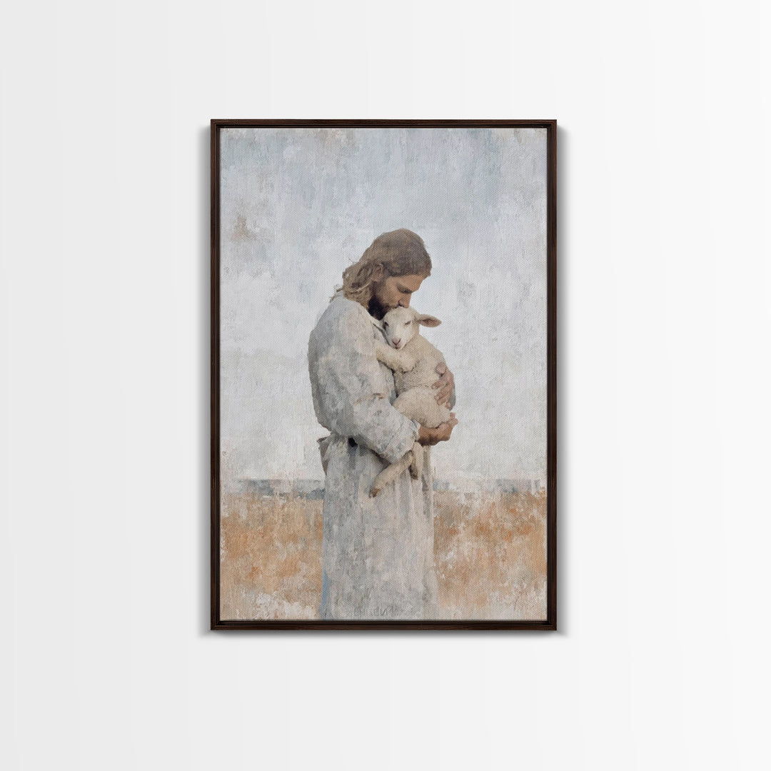 Heavenly Lamb Embrace – Framed Canvas Print – Christian Art Canvas – Jesus Painting – Christian Wall Art – Large Christian Art – Christian