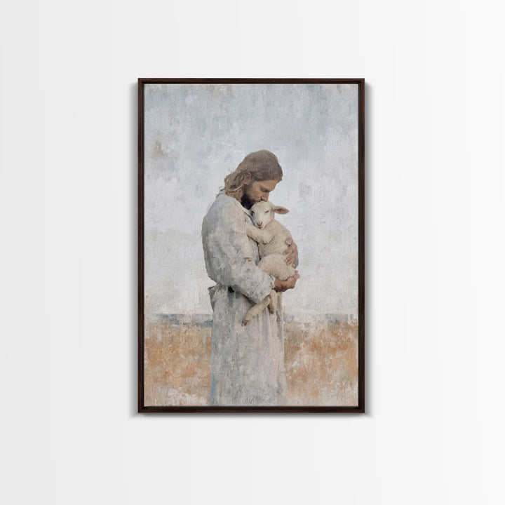 Heavenly Lamb Embrace – Framed Canvas Print – Christian Art Canvas – Jesus Painting – Christian Wall Art – Large Christian Art – Christian