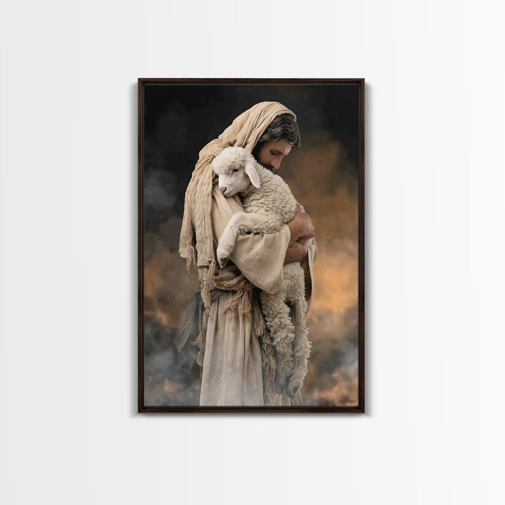 Tender Lamb Embrace, Framed Canvas Print, Jesus Painting, Christian Art Print, Christian Wall Art, Large Christian Painting, Christian Deco