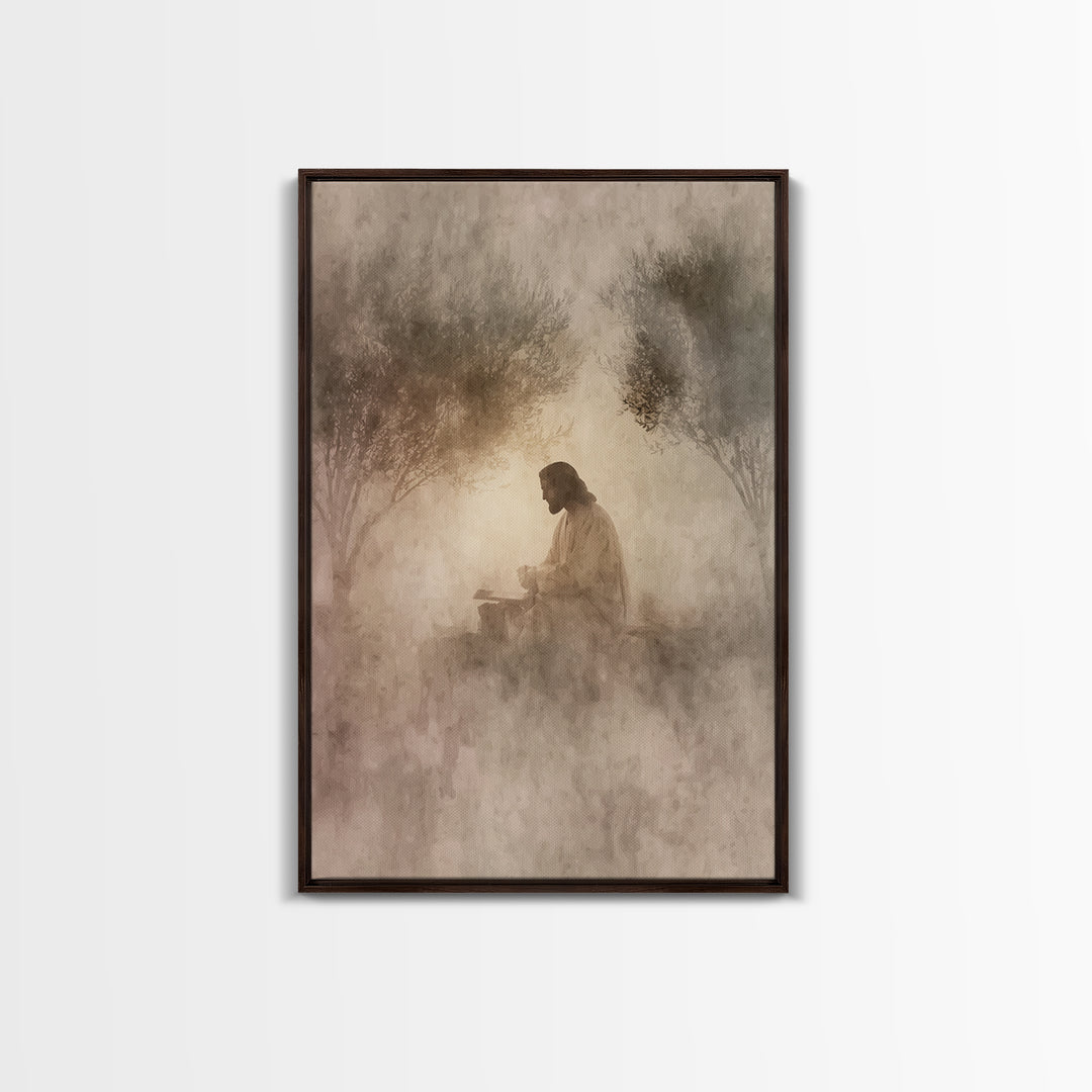 Quiet Olive Dawn, Framed Canvas Print, Christian Art Canvas, Modern Christian Art, Jesus Painting, Christian Wall Art, Christian Gift Ideas