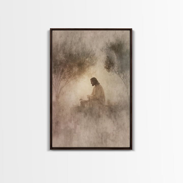 Quiet Olive Dawn, Framed Canvas Print, Christian Art Canvas, Modern Christian Art, Jesus Painting, Christian Wall Art, Christian Gift Ideas