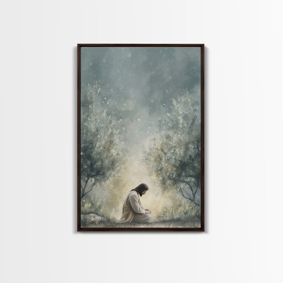 Olive Grove Reverence, Framed Canvas Print, Christian Art Canvas, Subtle Christian Art, Christian Wall Art, Jesus Painting, Christian Gift