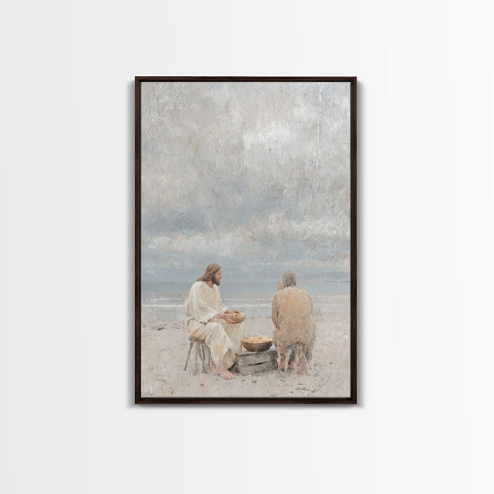 Shoreline Quiet Bread, Framed Canvas Print, Jesus Painting, Christian Wall Art, Christian Art Canvas, Christian Decor, Minimalist Christian