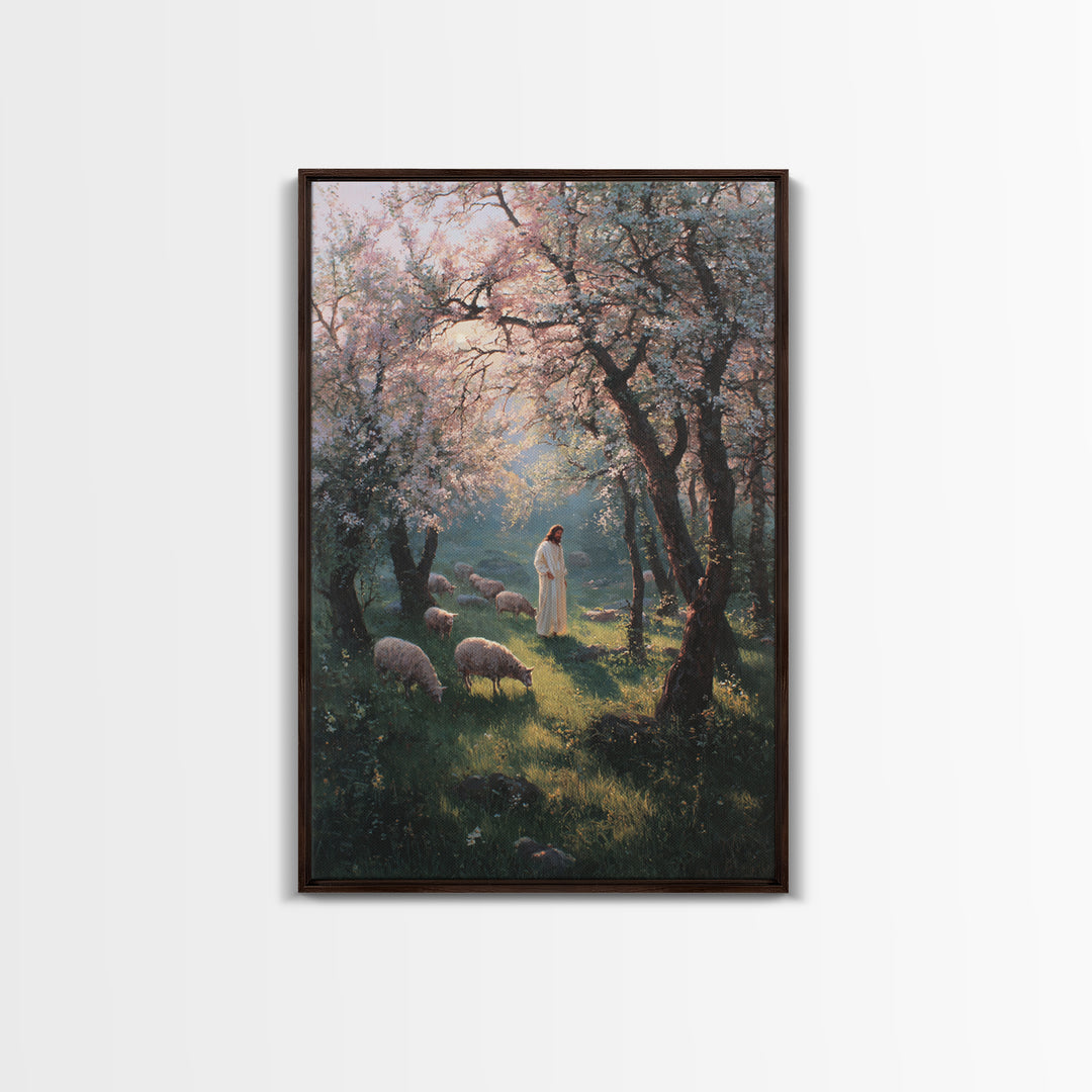 Spring Shepherd Path | Framed Canvas Print | Christian Art Canvas | Christian Wall Art | Jesus Painting | Christian Decor | Pastoral Scener