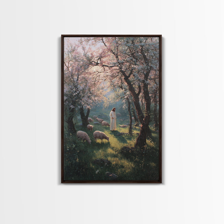 Spring Shepherd Path | Framed Canvas Print | Christian Art Canvas | Christian Wall Art | Jesus Painting | Christian Decor | Pastoral Scener