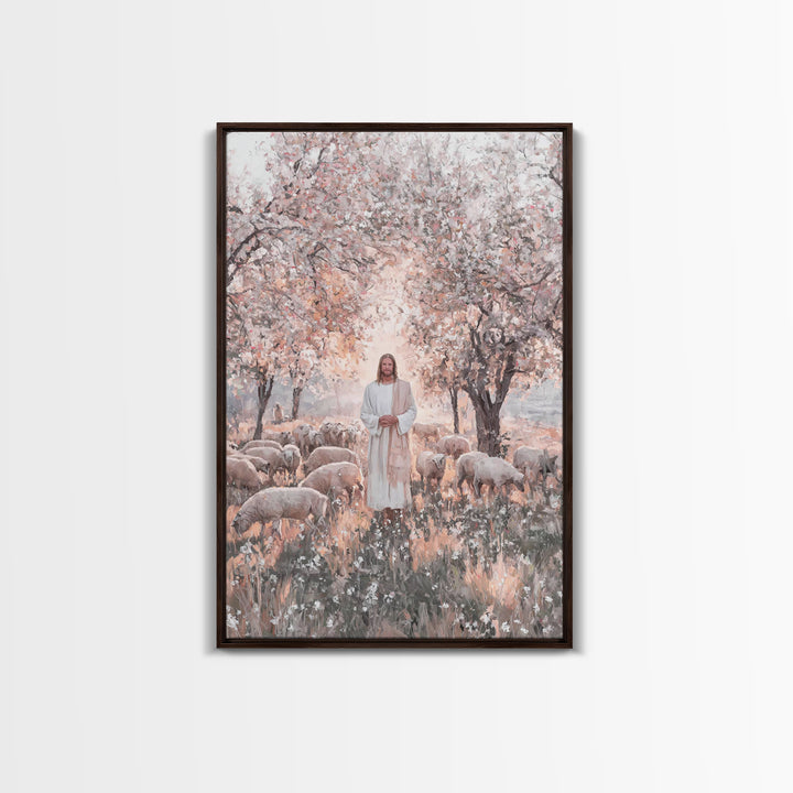 Garden Blossom Shepherd – Framed Canvas Print – Christian Wall Art – Christian Art Canvas – Jesus Painting – Christian Decor – Pastoral Sce
