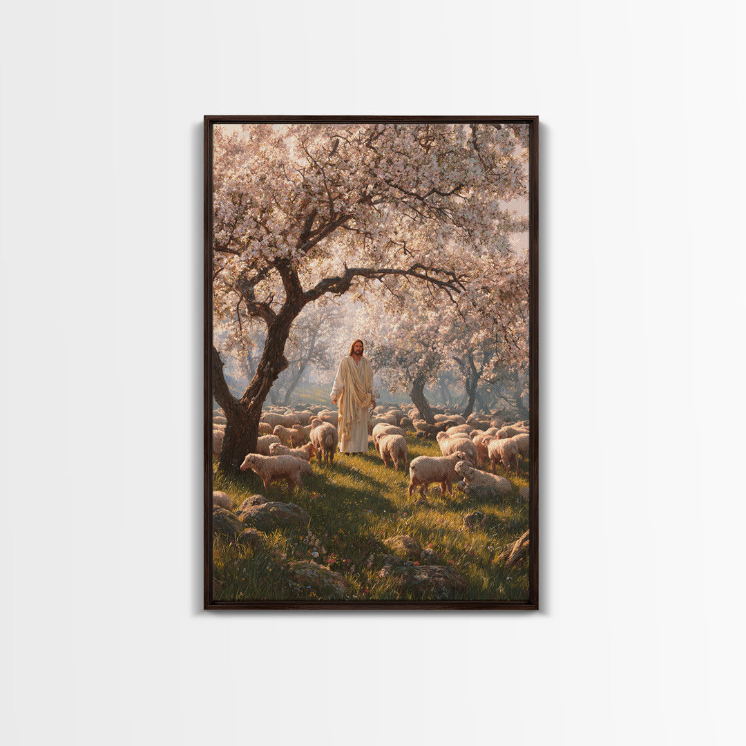 Orchard Flock Light, Framed Canvas Print, Christian Art Canvas, Jesus Painting, Christian Wall Art, Christian Art Prints, Christian Decor,