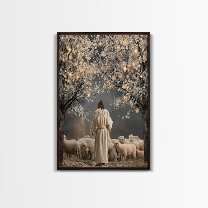 Lantern Blossom Night | Framed Canvas Print | Christian Wall Art | Jesus Painting | Christian Christmas Art | Christian Art Canvas | Moody