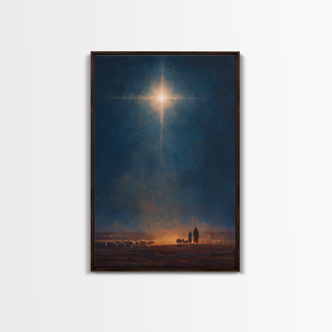 Night Of Glory – Framed Canvas Print – Christmas Wall Art – Christian Art Canvas – Moody Christmas Art – Christian Christmas Art