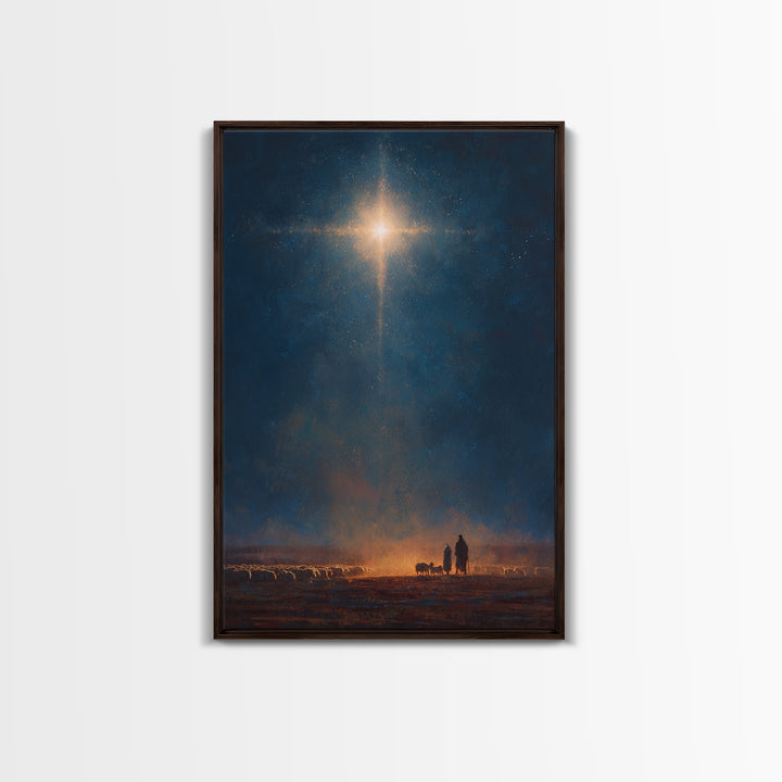 Night Of Glory – Framed Canvas Print – Christmas Wall Art – Christian Art Canvas – Moody Christmas Art – Christian Christmas Art