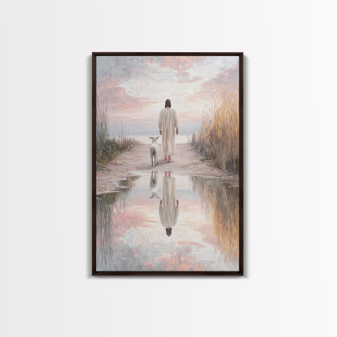 Misty Shepherd Calm, Framed Canvas Print, Christian Wall Art, Jesus Canvas Art, Minimalist Christian Art, Subtle Christian Paintings, Chris
