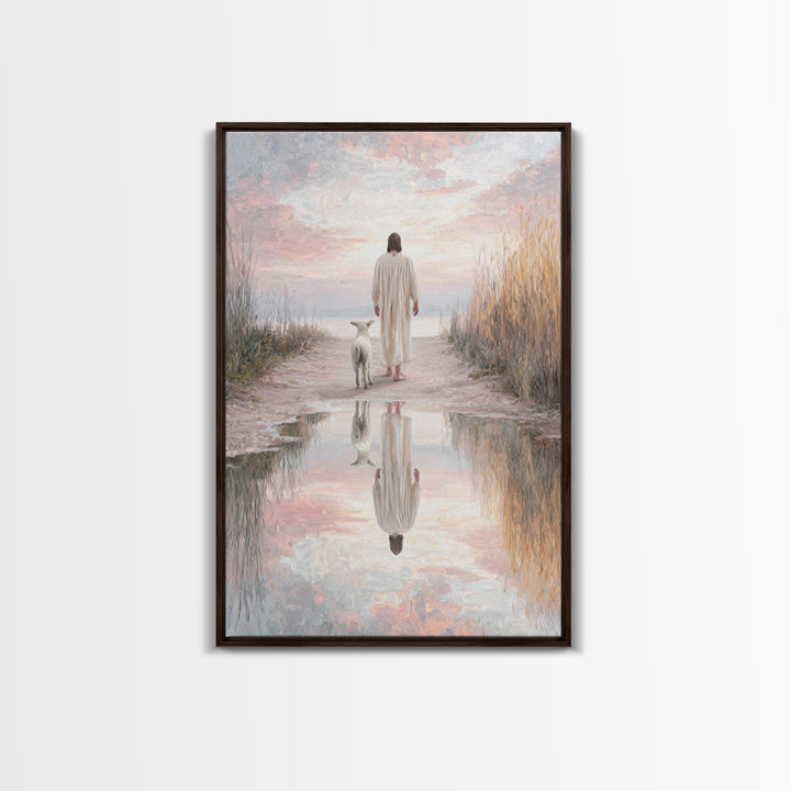 Misty Shepherd Calm, Framed Canvas Print, Christian Wall Art, Jesus Canvas Art, Minimalist Christian Art, Subtle Christian Paintings, Chris