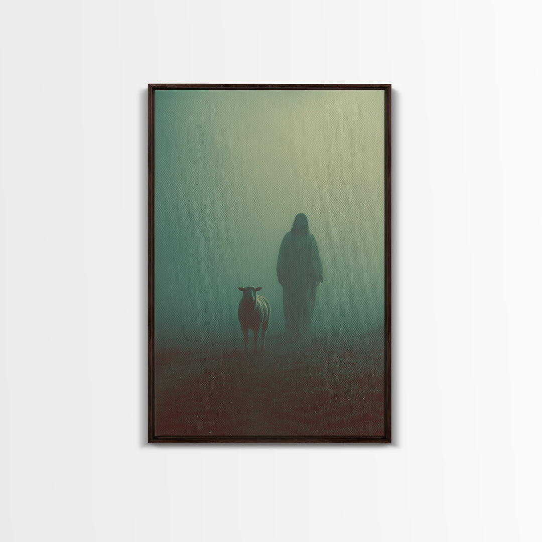 Shepherd In Mist – Framed Canvas Print – Christian Wall Art – Jesus Painting – Moody Christian Art – Christian Art Canvas – Christmas Art