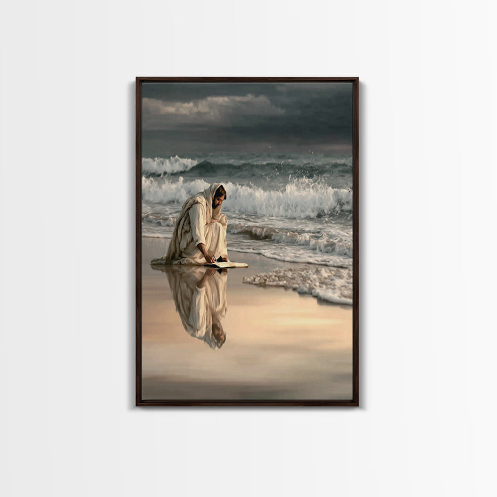 Shoreline Of Rest, Framed Canvas Print, Christian Wall Art, Jesus Painting, Christian Art Canvas, Moody Christian Art, Large Jesus Painting