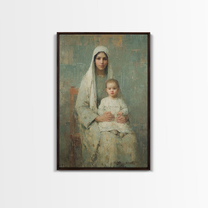 Serene Motherhood, Framed Canvas Print, Christian Wall Art, Christian Art Canvas, Mary And Jesus Painting, Subtle Christian Art, Christian