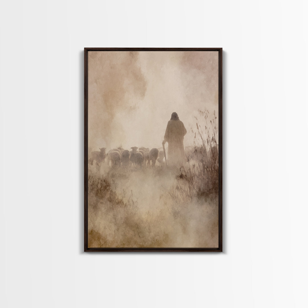 Guiding Shepherd Glow – Framed Canvas Print – Christian Art Work – Jesus Art Print – Christian Wall Art – Minimalist Christian Art