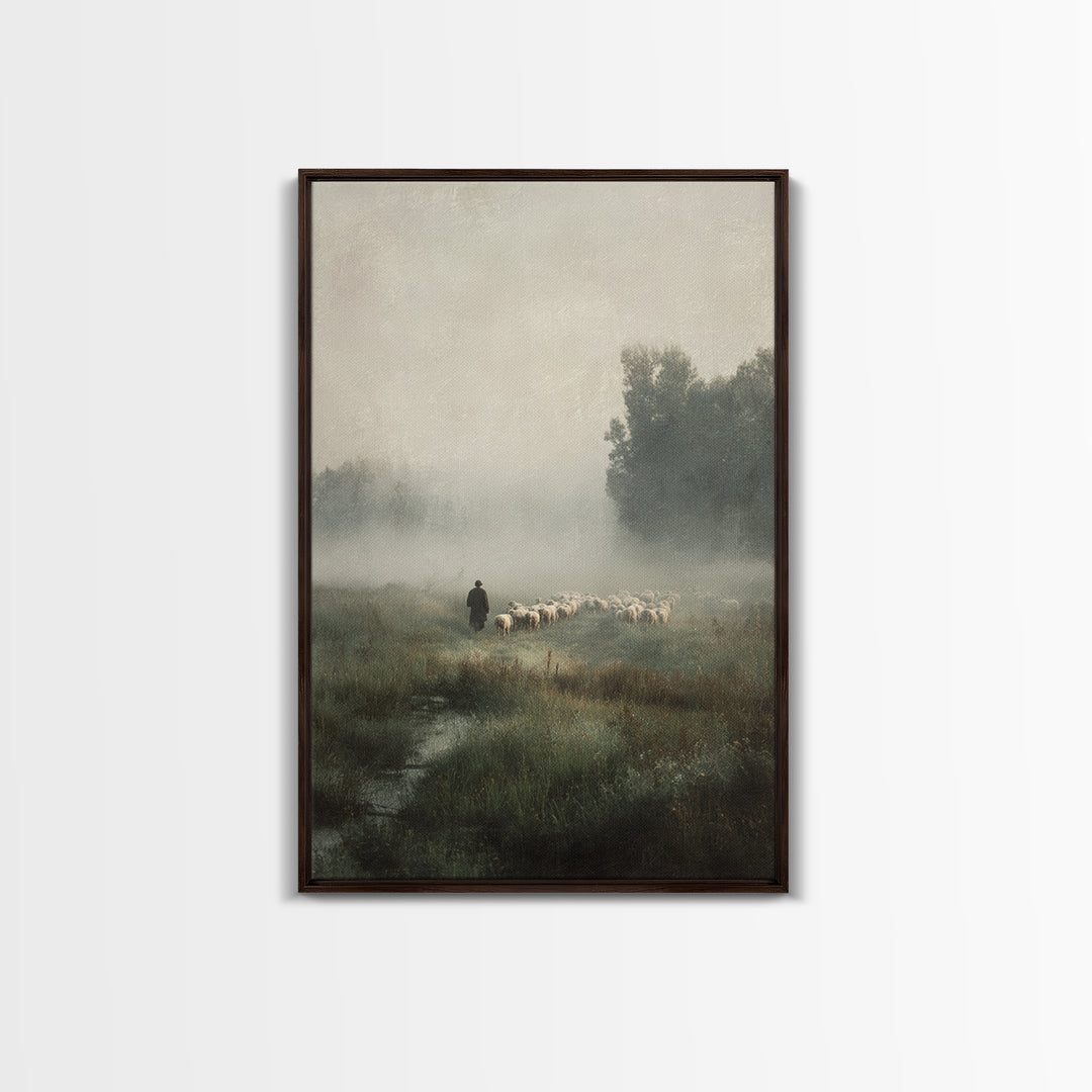 Misty Shepherd Path - Framed Canvas Print - Christian Wall Art - Jesus Painting - Pastoral Scenery - Christian Art Canvas - Faith Art