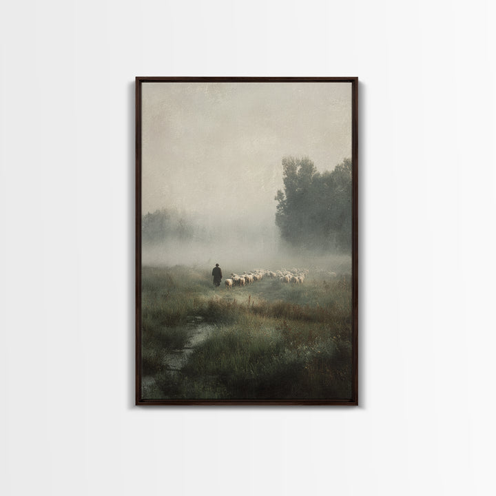 Misty Shepherd Path - Framed Canvas Print - Christian Wall Art - Jesus Painting - Pastoral Scenery - Christian Art Canvas - Faith Art