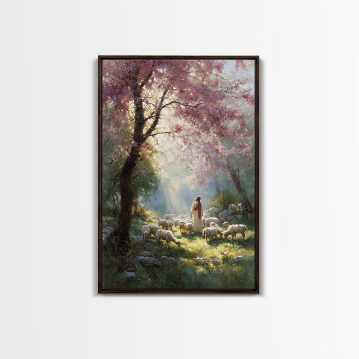 Springtime Shepherd - Framed Canvas Print - Christian Art Canvas - Christian Wall Art - Jesus Painting - Floral Christian Art - Christian D