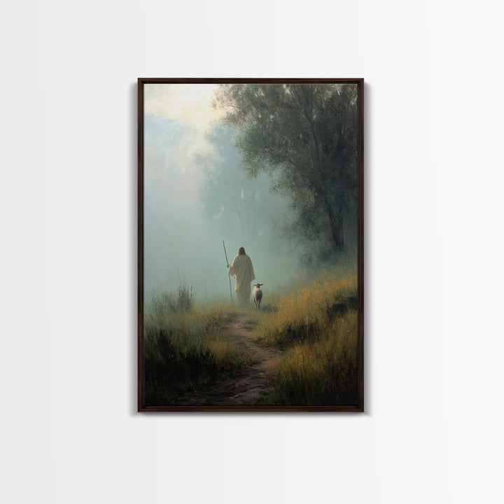 Misty Guide – Framed Canvas Print – Christian Art Canvas – Christian Wall Art – Jesus Painting – Pastoral Scenery – Christian Gift