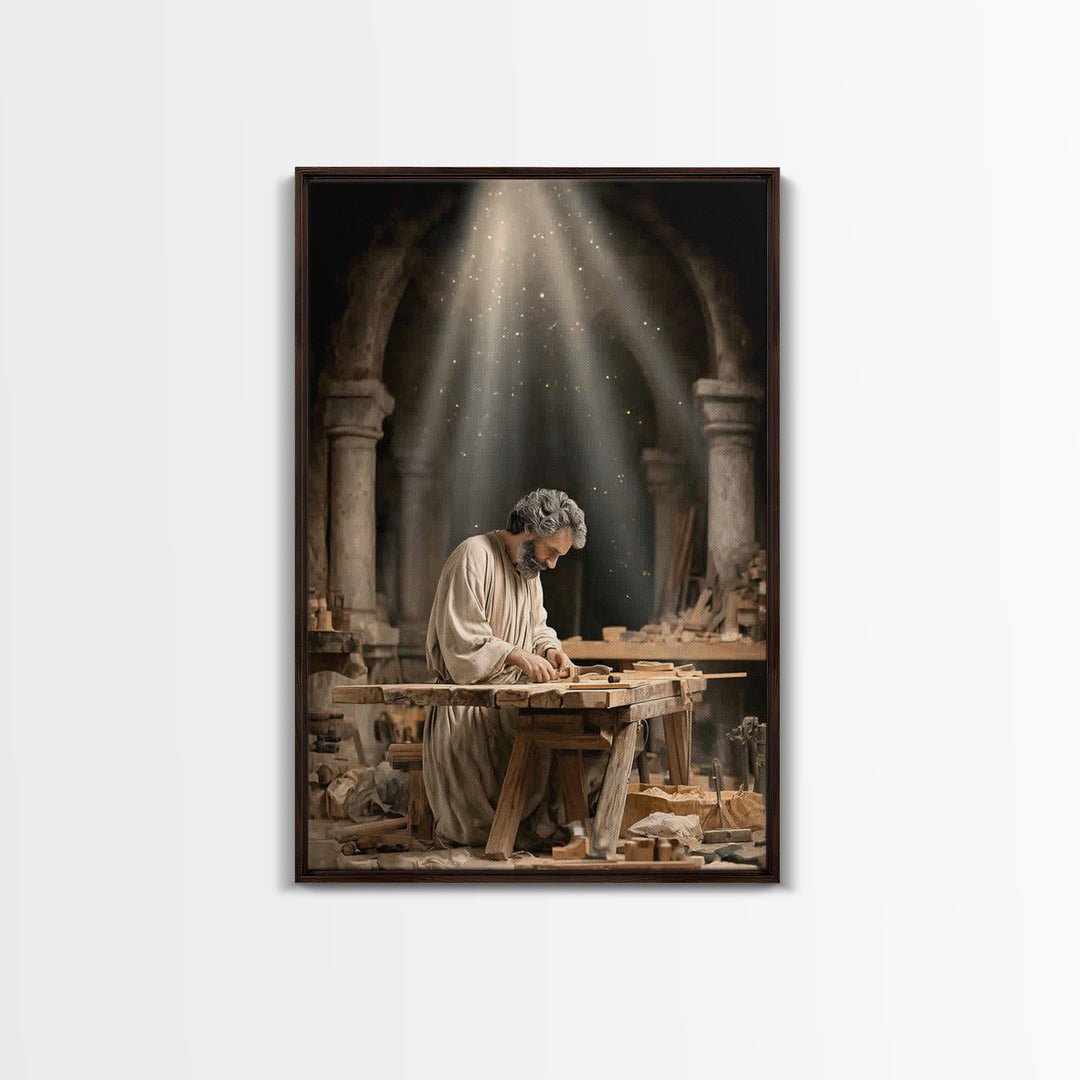 Humble Workshop Light, Framed Canvas Print, Christian Art Canvas, Jesus Painting, Christian Wall Art, Christian Decor, Christmas Art