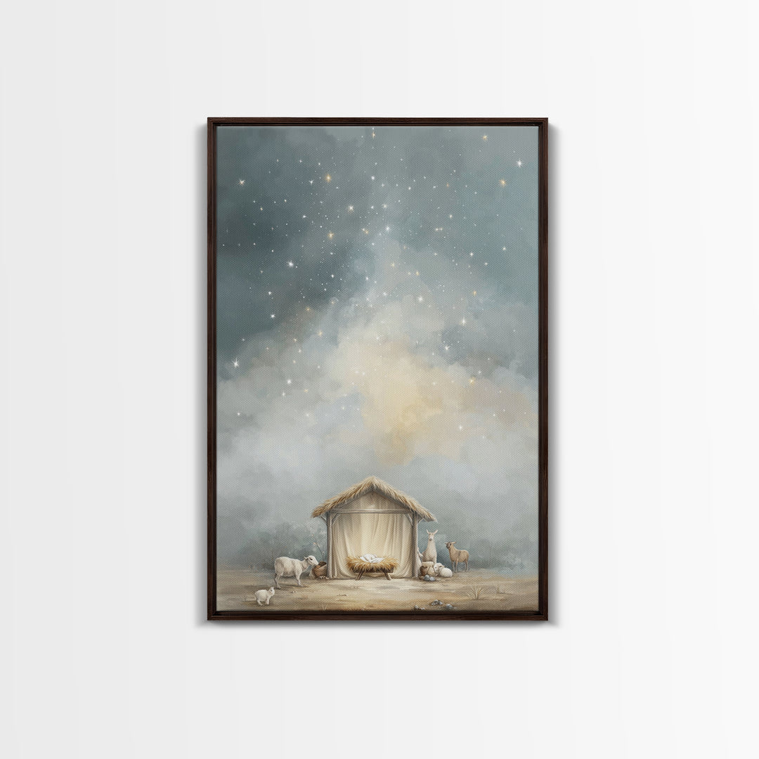 Heavenly Night Shelter – Framed Canvas Print – Christian Wall Art – Christian Christmas Art – Jesus Painting – Modern Christian Art – Chris