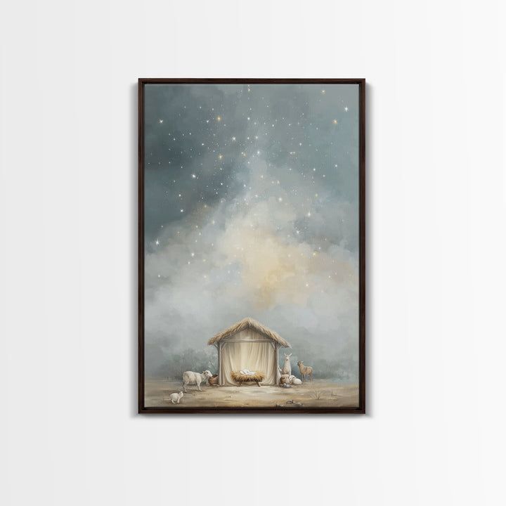 Heavenly Night Shelter – Framed Canvas Print – Christian Wall Art – Christian Christmas Art – Jesus Painting – Modern Christian Art – Chris
