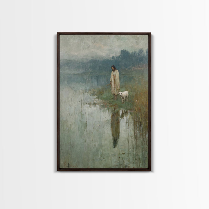 Gentle Lake Shepherd – Framed Canvas Print – Christian Art Canvas – Jesus Painting – Christian Wall Art – Vintage Christian Art – Christian