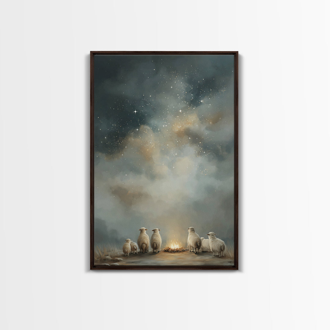 Starry Night Flock – Framed Canvas Print – Christmas Art – Christian Art Canvas – Christian Wall Art – Folk Art Christmas – Christian Chris