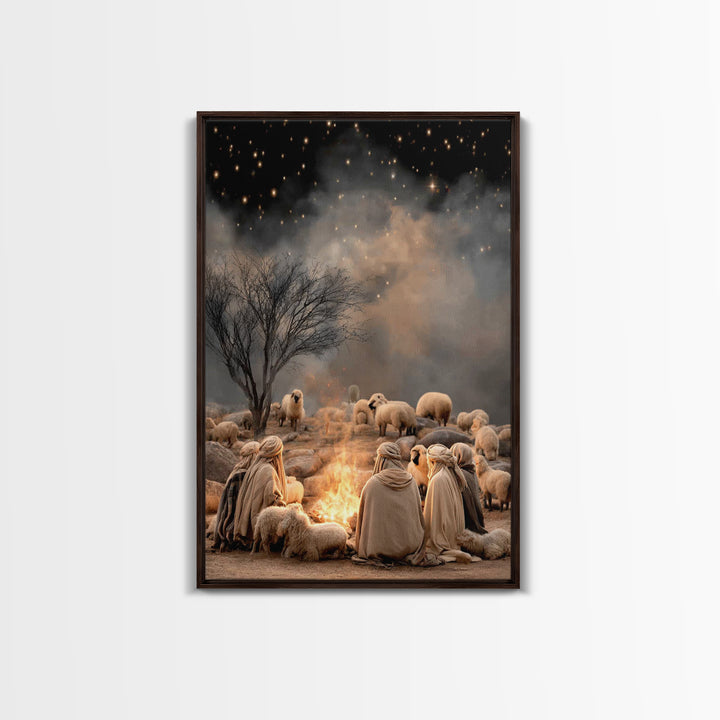 Shepherds By Fire – Framed Canvas Print – Christian Christmas Art – Christian Art Canvas – Christmas Wall Art – Christian Art – Vintage Chr