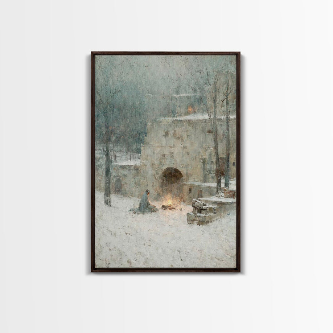 Warm Vigil Night – Framed Canvas Print – Christian Art – Christmas Art – Moody Christmas Art – Christian Wall Art – Christian Art Gift