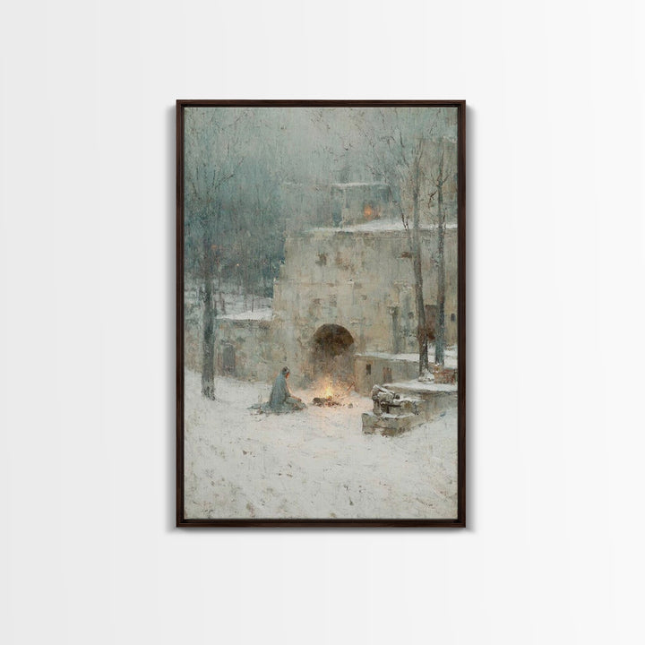 Warm Vigil Night – Framed Canvas Print – Christian Art – Christmas Art – Moody Christmas Art – Christian Wall Art – Christian Art Gift