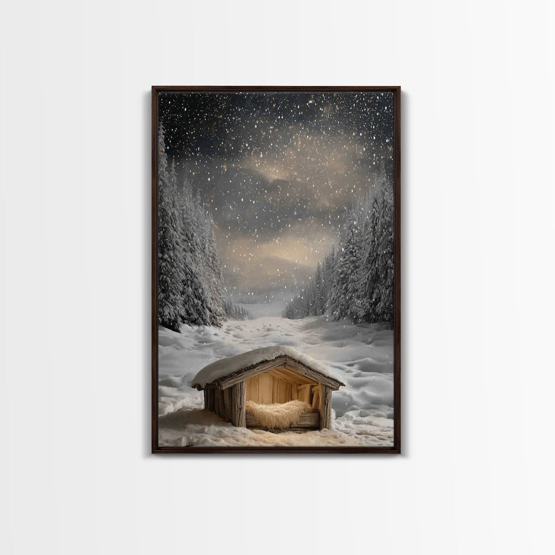 Silent Nativity Snow | Framed Canvas Print | Christmas Canvas Wall Art | Christian Art Work | Christian Christmas Art | Modern Christmas Ar