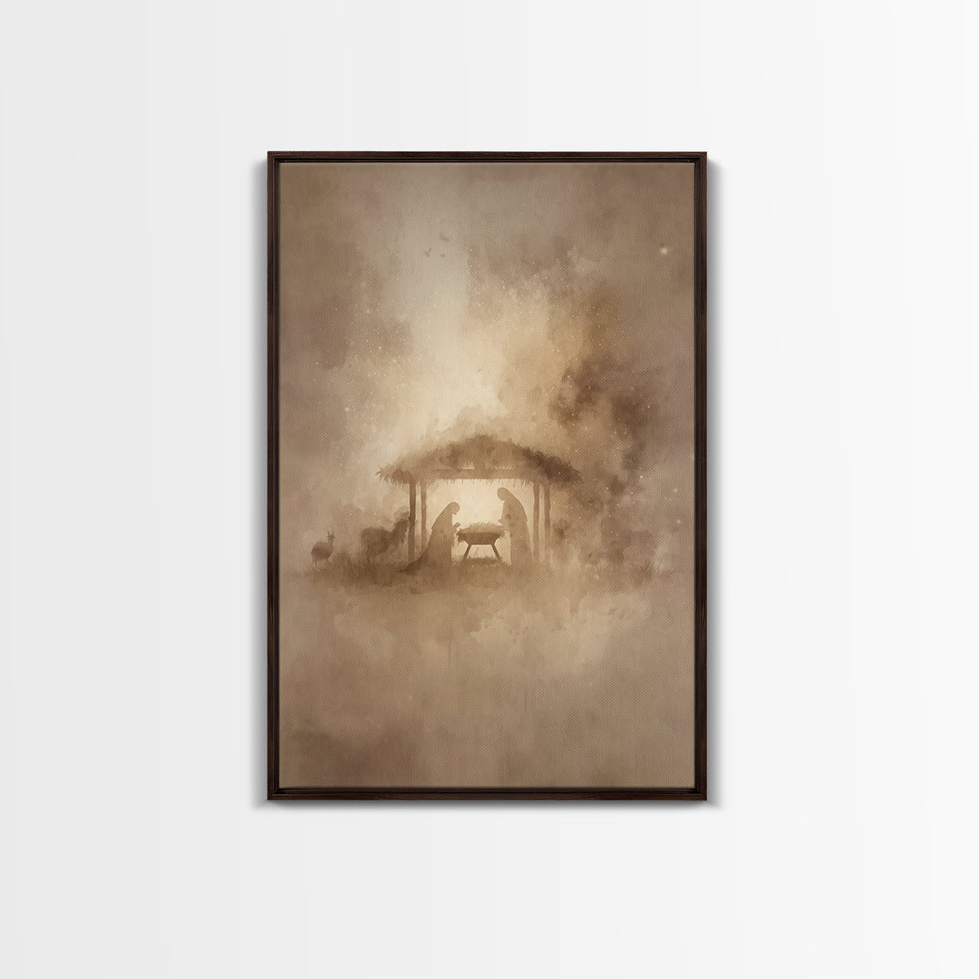 Silent Night Stable – Framed Canvas Print – Christmas Art – Christian Christmas Art – Christian Wall Art – Christian Art Canvas – Christian