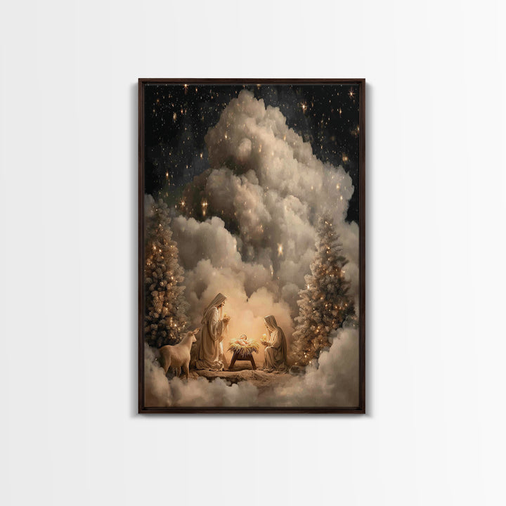 Heavenly Nativity Glow | Framed Canvas Print | Christian Wall Art | Christian Art Canvas | Christmas Art | Christian Christmas Art | Christ