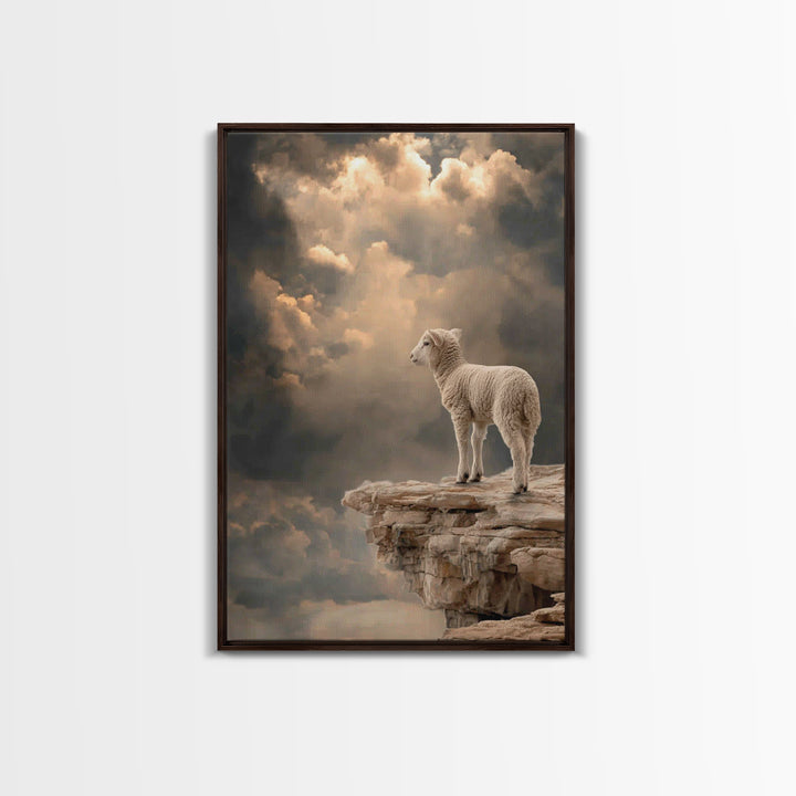 Quiet Summit Lamb, Framed Canvas Print, Christian Wall Art, Christian Art Canvas, Minimalist Christian Art, Christian Decor, Pastoral Scene
