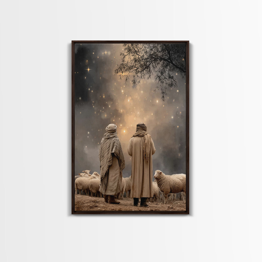 Starry Flock Night – Framed Canvas Print – Christian Christmas Art – Christian Wall Art – Christian Art Canvas – Christmas Art – Christian