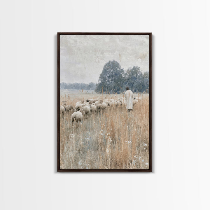 Shepherd In Stillness – Framed Canvas Print – Christian Wall Art – Christian Art Canvas – Jesus Painting – Vintage Christian Art – Christia