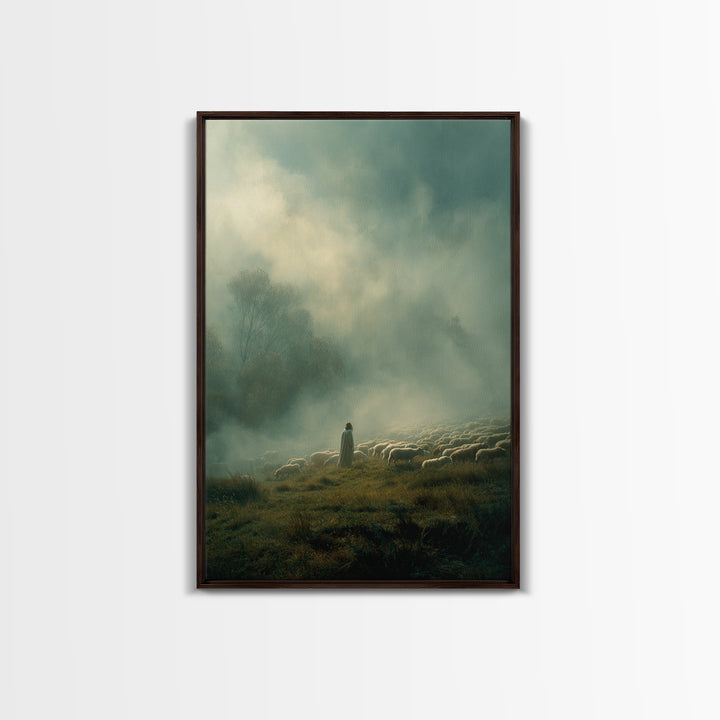 Guiding Shepherd – Framed Canvas Print – Christian Wall Art – Christian Art Canvas – Jesus Painting – Pastoral Scenery – Moody Christian Ar