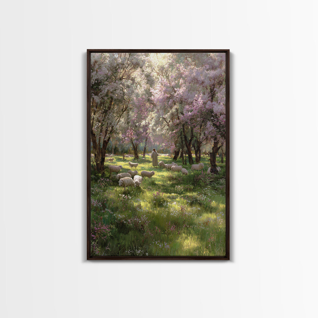 Garden Of The Shepherd, Framed Canvas Print, Christian Art Canvas, Jesus Painting, Christian Wall Art, Christian Gift Ideas, Vintage Christ