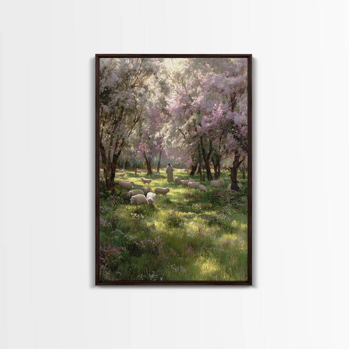 Garden Of The Shepherd, Framed Canvas Print, Christian Art Canvas, Jesus Painting, Christian Wall Art, Christian Gift Ideas, Vintage Christ
