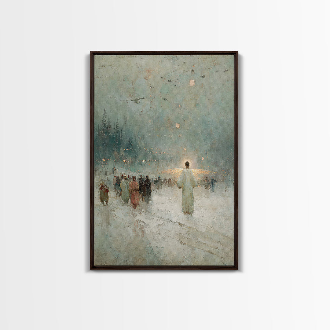 Silent Gathering Grace – Framed Canvas Print – Christian Christmas Art – Christian Wall Art – Moody Christmas Art – Christian Art Canvas –