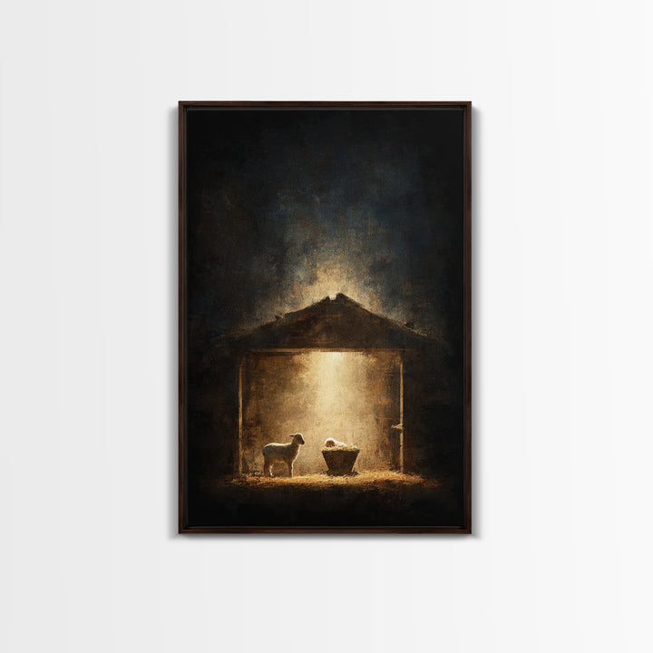 Holy Night Shelter – Framed Canvas Print – Christian Wall Art – Christmas Art – Christian Art Canvas – Moody Christmas Art – Christian Chri
