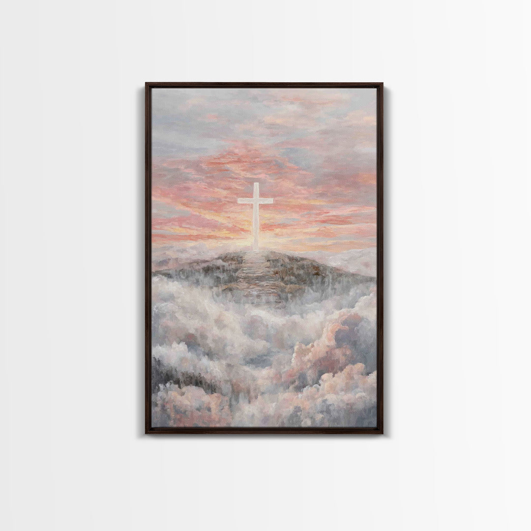 Hilltop Sunrise Cross, Framed Canvas Print, Christian Wall Art, Christian Art Print, Large Christian Painting, Christian Home Decor