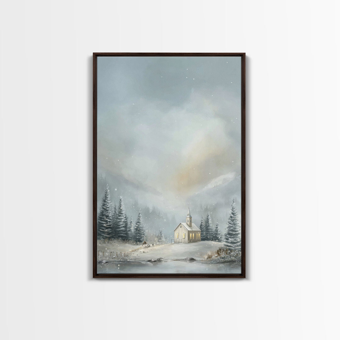 Winter Chapel Light | Framed Canvas Print | Christmas Art Prints | Christian Wall Art | Christian Christmas Decor | Christian Art Canvas |